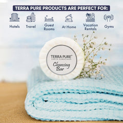 Terra Pure aloe-olive oil bar soap highlights the organic formula for guest room cleansing.