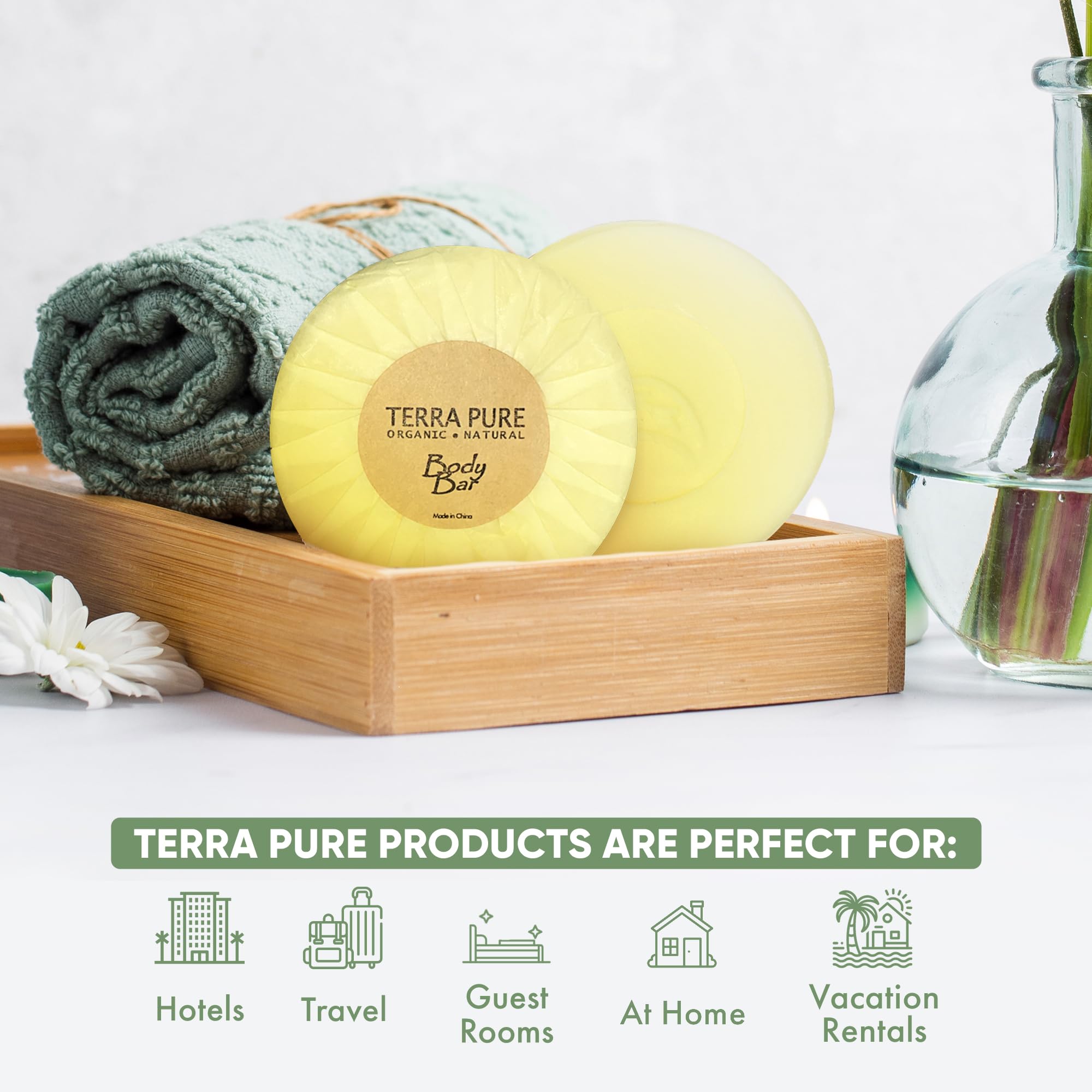 Terra Pure green tea bar with refreshing scent for guest use.