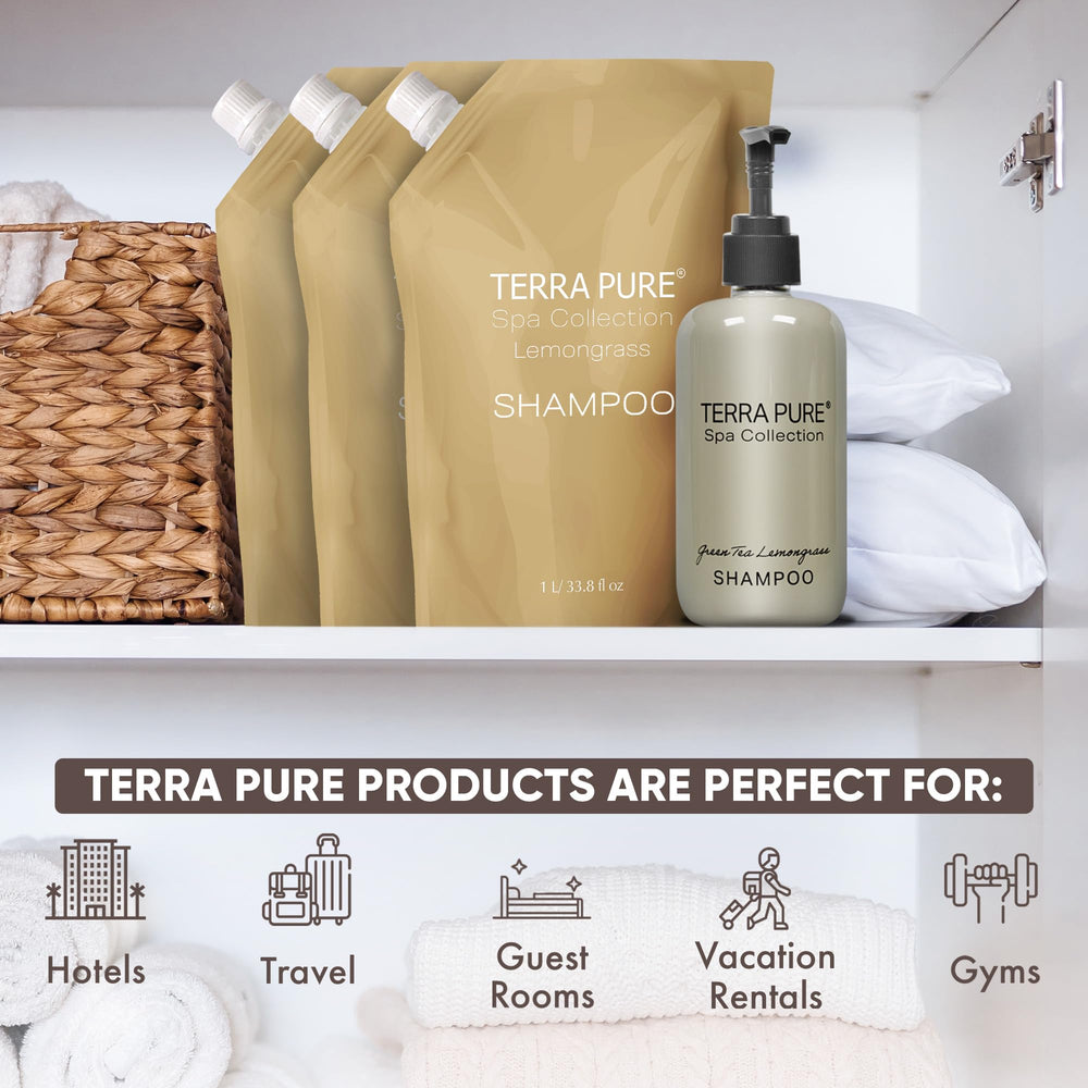 Terra Pure Green Tea Lemongrass fragrance enhances guest bathroom ambience.