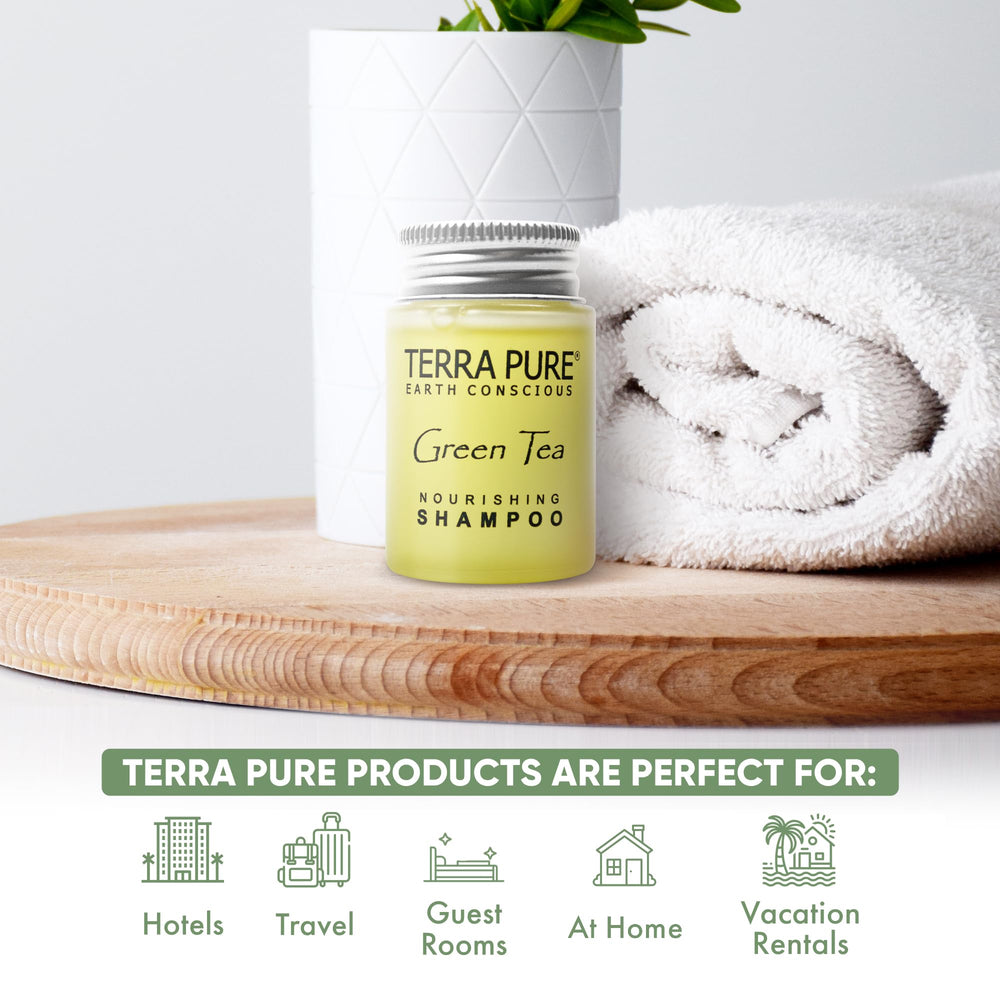 Terra Pure green tea shampoo label closeup highlights paraben-free formula.