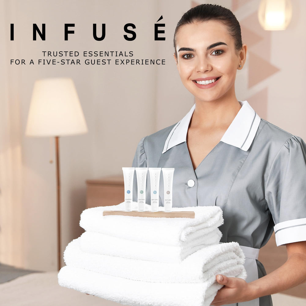 Terra Pure mini shampoo bottles display for hotel baths