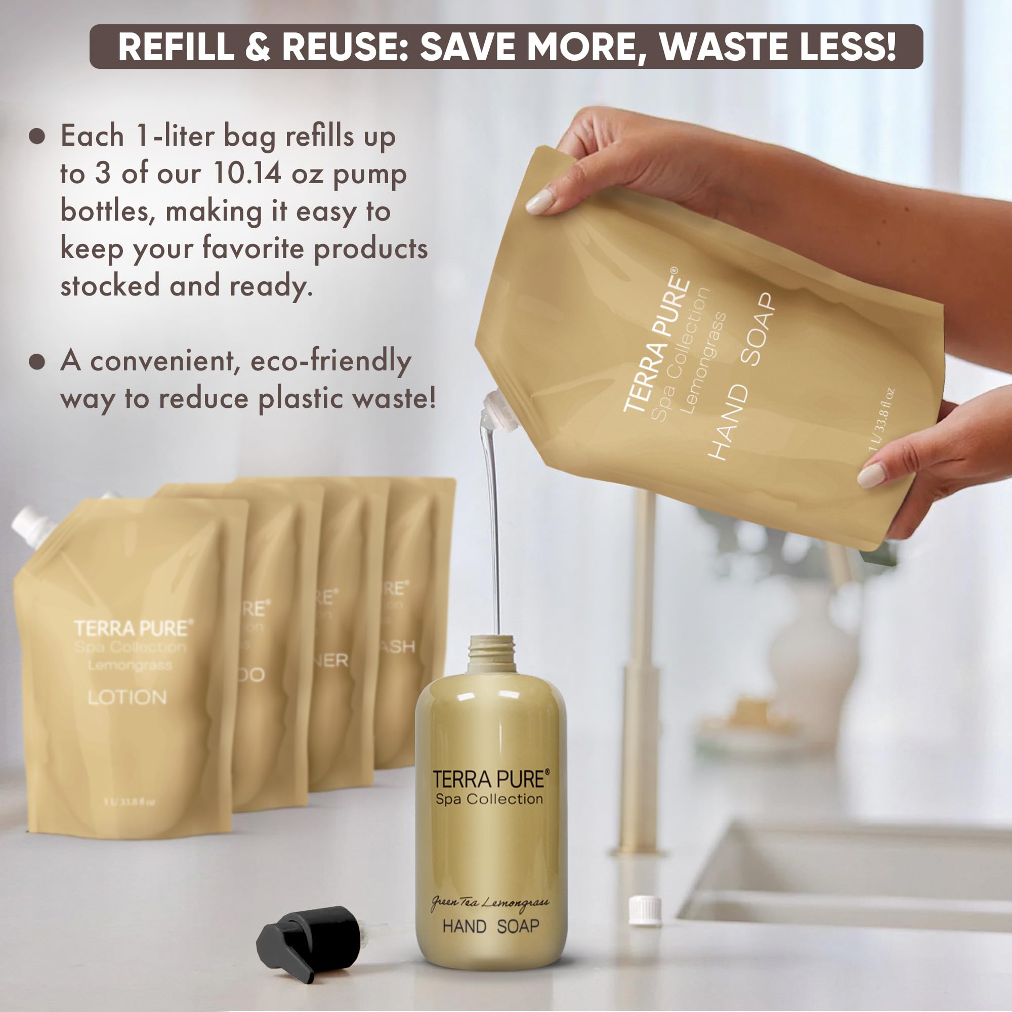 Terra Pure Spa 1L refill for dispensers, green tea lemongrass scent.