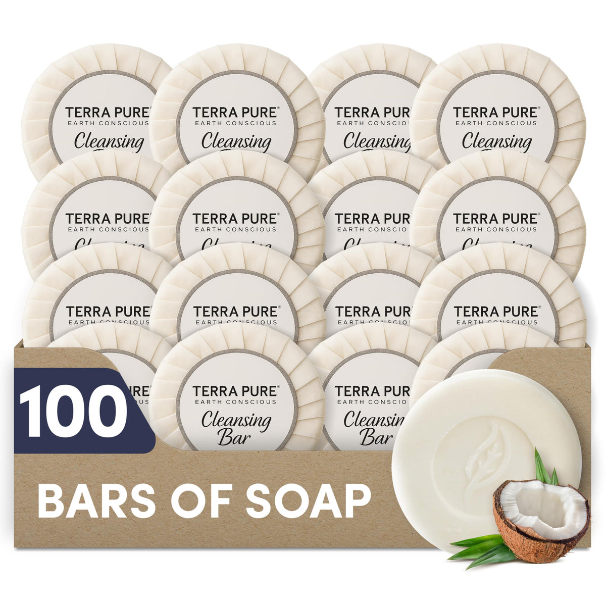 Terra Pure travel-size soap, pleat-wrapped, ideal for hotel guest rooms, enhancing hygiene convenience.