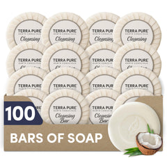 Terra Pure travel-size soap, pleat-wrapped, ideal for hotel guest rooms, enhancing hygiene convenience.