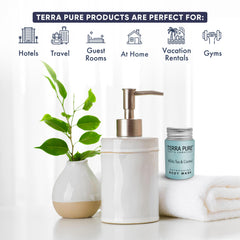 Terra Pure 100-count travel-size bottles ready for guest amenities