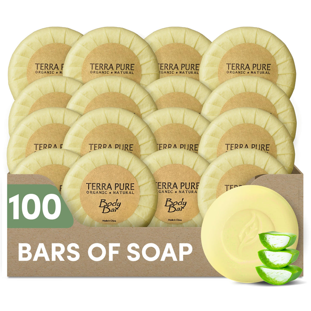 Terra Pure travel size soap pack, ready for hotel guest amenities.
