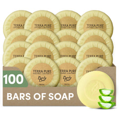 Terra Pure travel size soap pack, ready for hotel guest amenities.