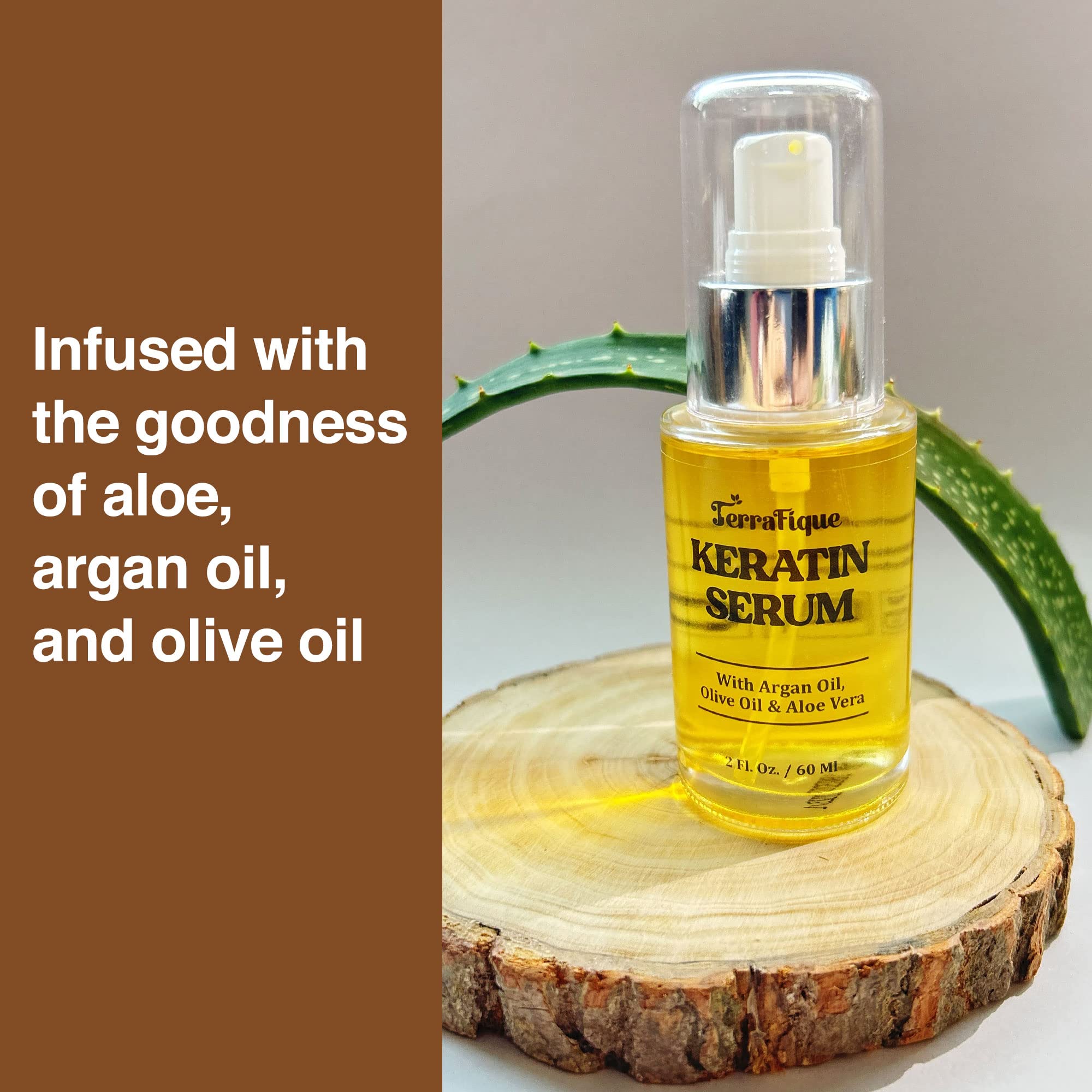 TERRAFIQUE Keratin Serum argan oil glow image emphasizing shine and nourishment.