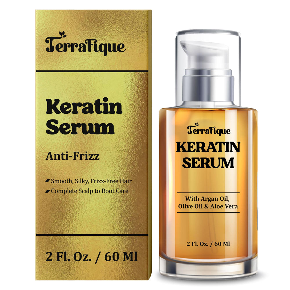 TERRAFIQUE Keratin Serum bottle close-up highlighting luxe packaging and frizz-control benefits.