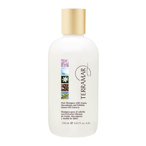 Terramar shampoo bottle with argan, macadamia, and Monoi oil for nourishing shine.