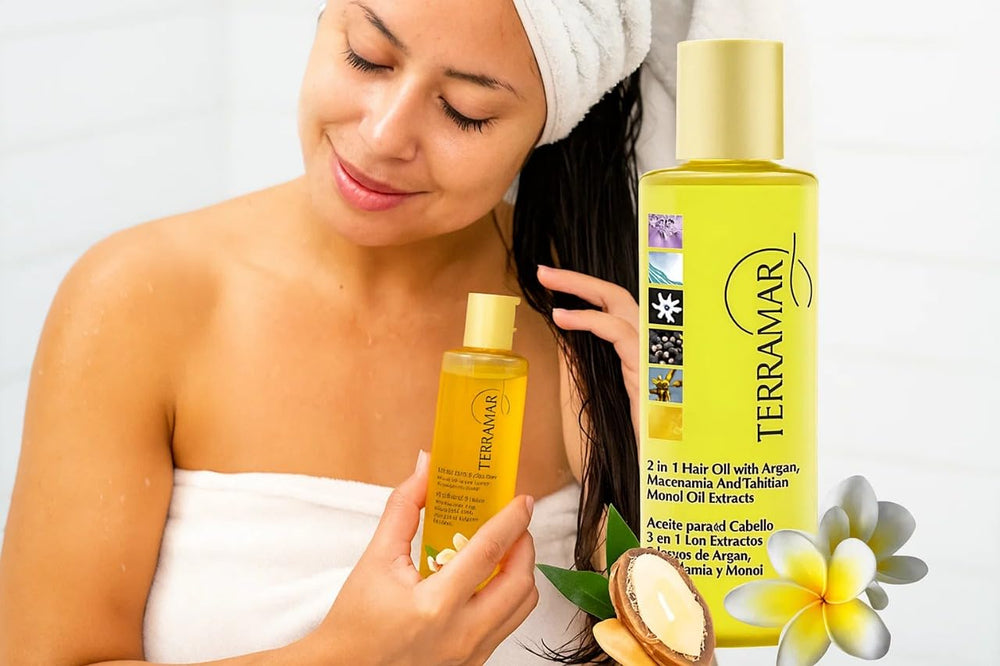 Terramar Hair Treatment Oil on hair delivers smooth texture and gentle shine.