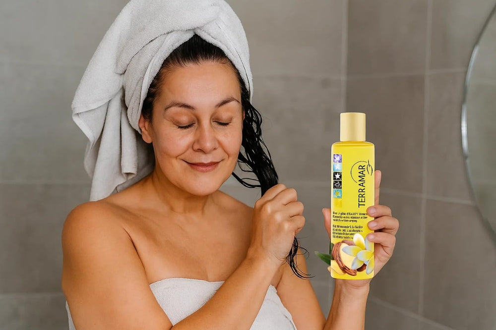 Terramar Hair Treatment Oil packaging closeup highlights cruelty-free formula.