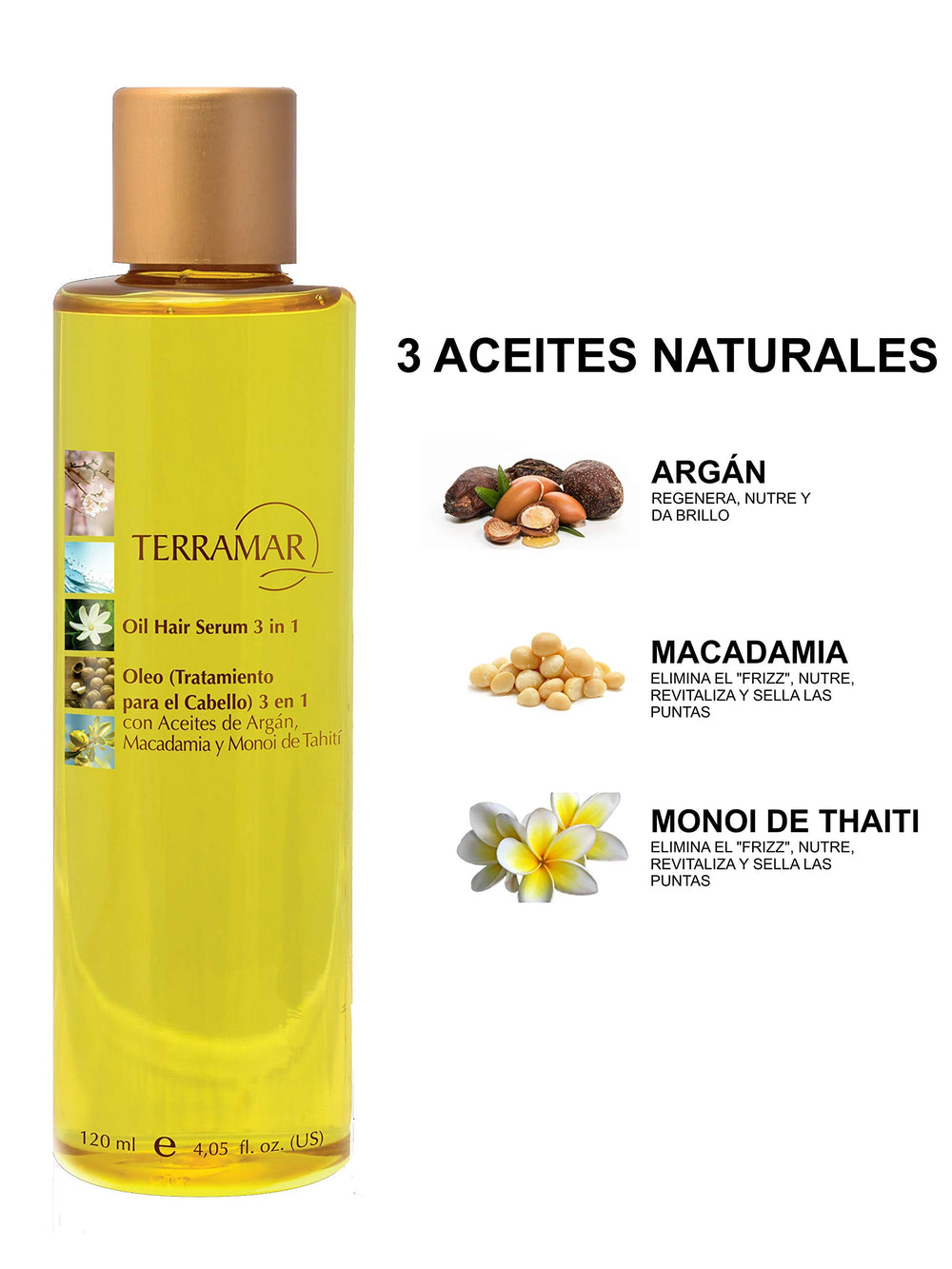 Terramar macadamia oil bottle smooths frizz and seals ends.