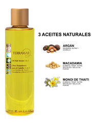 Terramar macadamia oil bottle smooths frizz and seals ends.