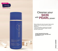 Terramar Micro-Exfoliating Powder close-up highlights pore refinement and softness.