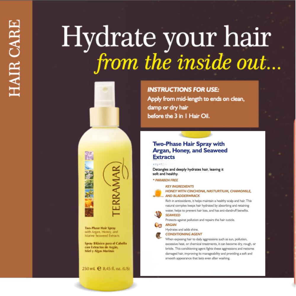 Terramar two-phase hair spray applied for smoother, more manageable hair.