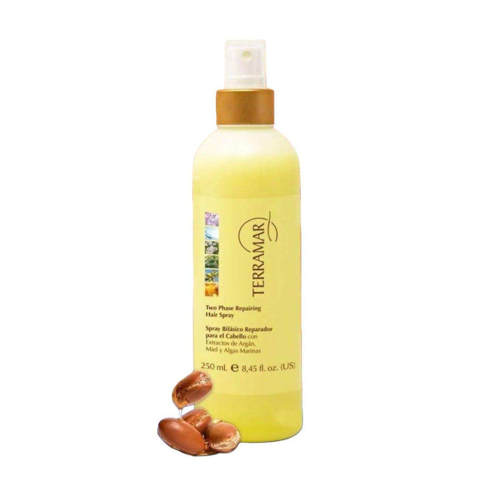 Terramar two-phase hair spray bottle; detangling and antioxidant protection.