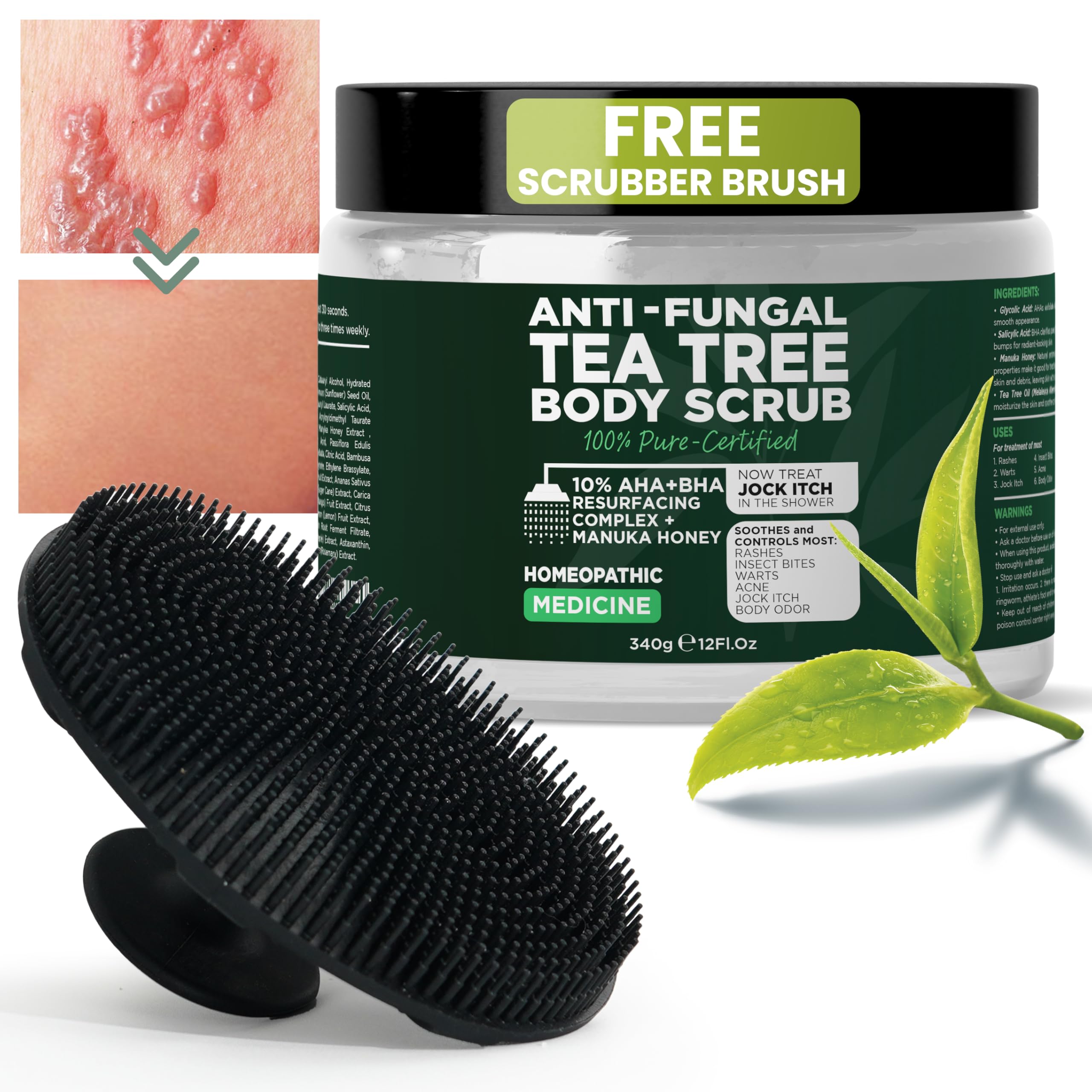 Terramed Just Think Comfort antifungal scrub with brush closeup showing exfoliation in action.