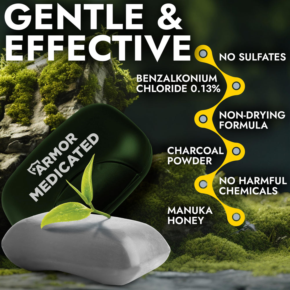 Terramed Just Think Comfort manuka honey charcoal bar drawing impurities while soothing skin.