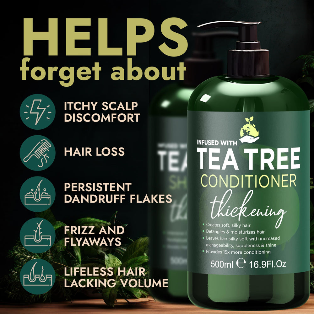 Terramed Just Think Comfort Tea Tree Conditioner bottle adds fullness and softness.