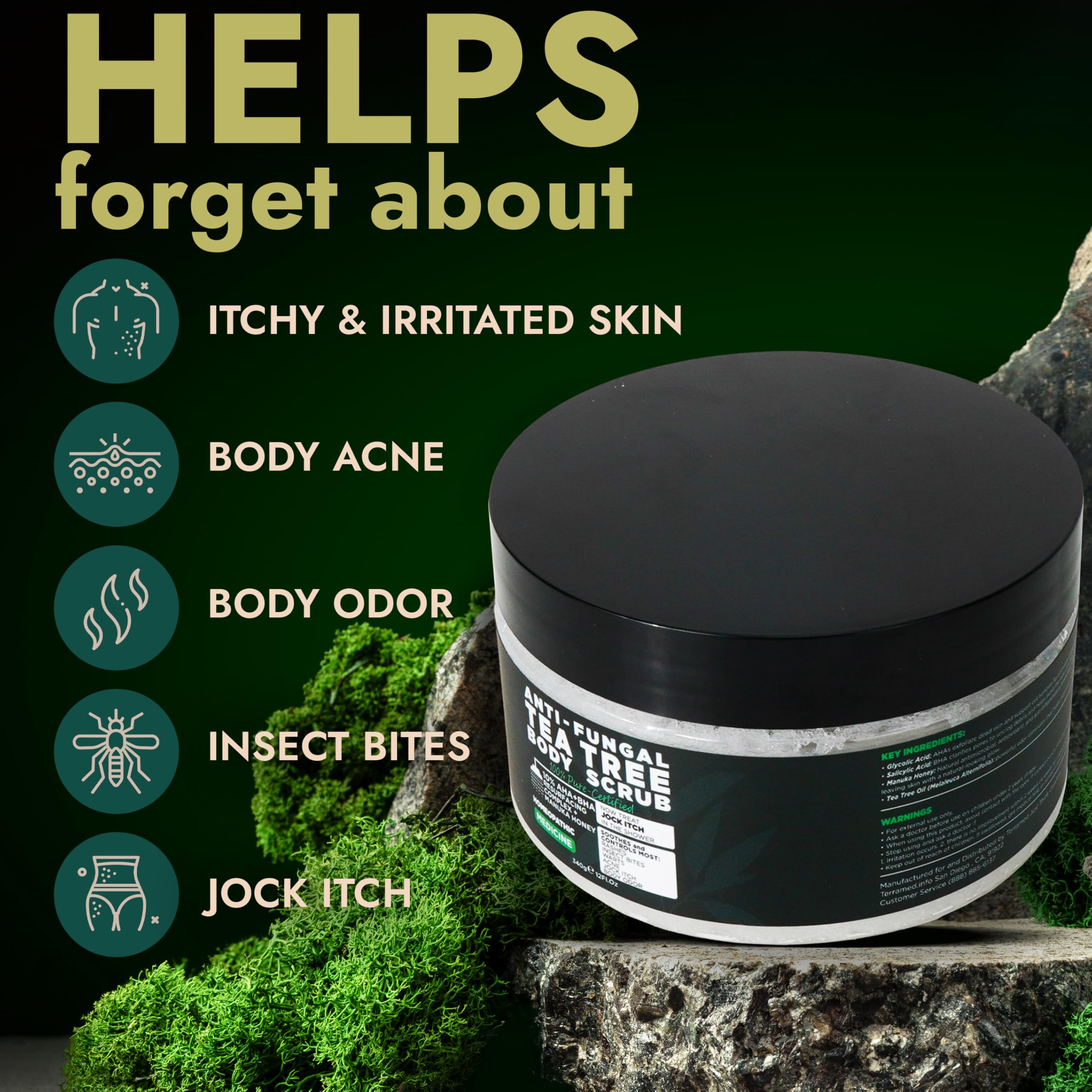 Terramed Just Think Comfort tea tree oil bottle highlights skin soothing formula.