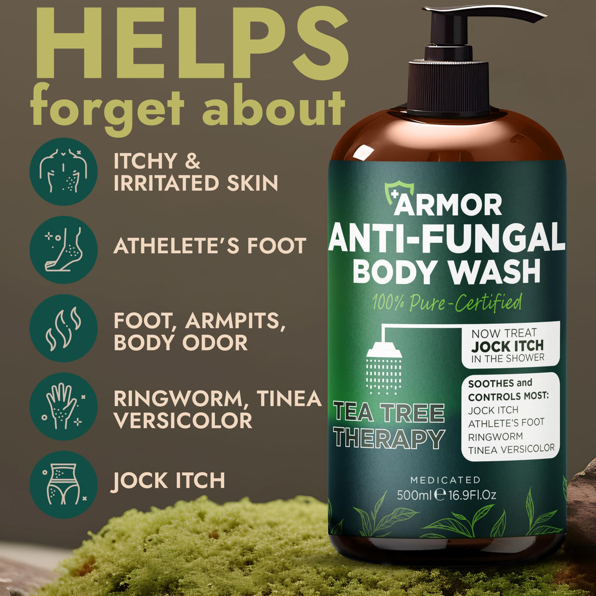 Terramed Just Think Comfort tea tree oil foaming lather for refreshed skin after shower.