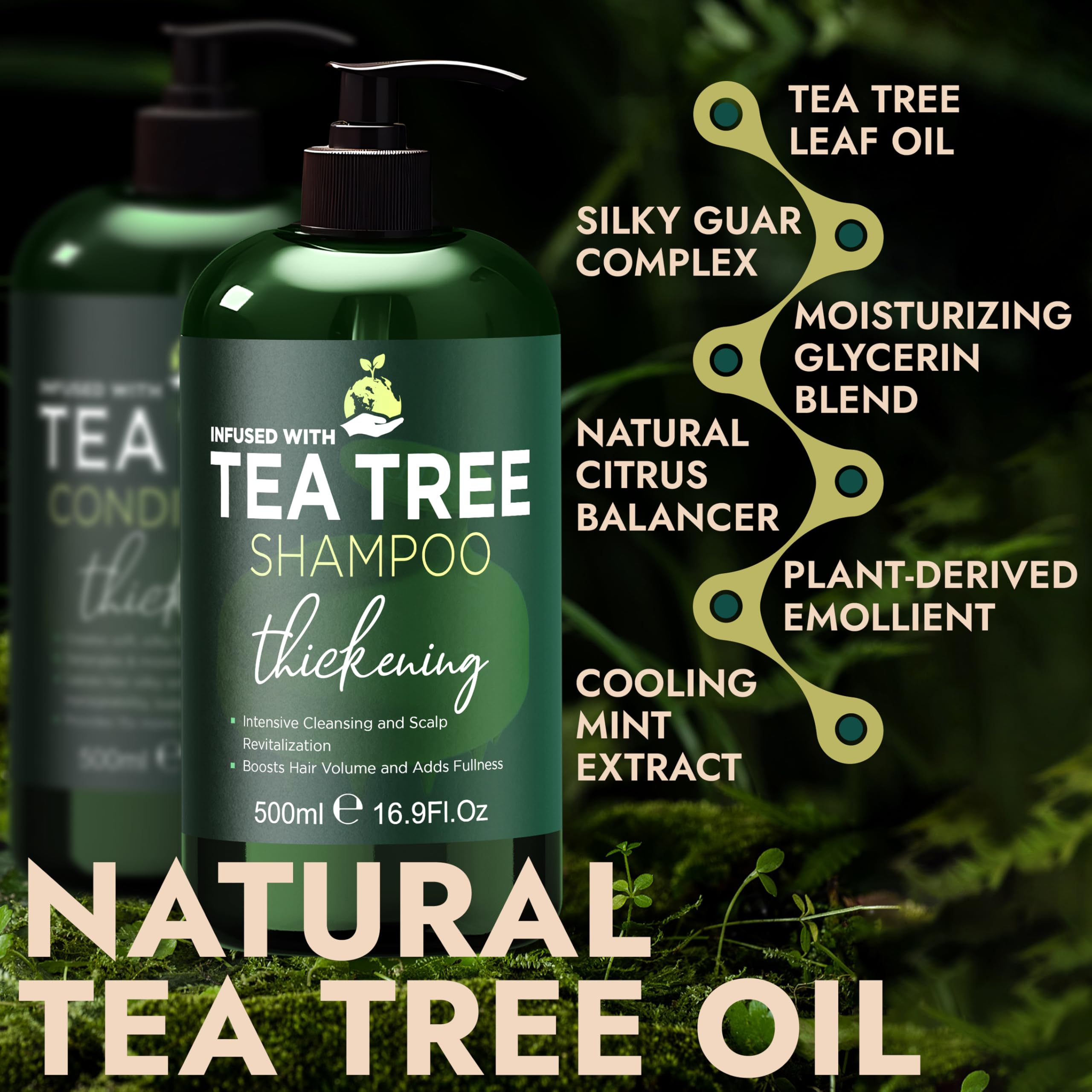 Terramed Just Think Comfort Tea Tree Shampoo and Conditioner set on display for thinning hair.