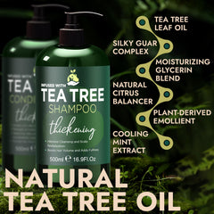 Terramed Just Think Comfort Tea Tree Shampoo and Conditioner set on display for thinning hair.