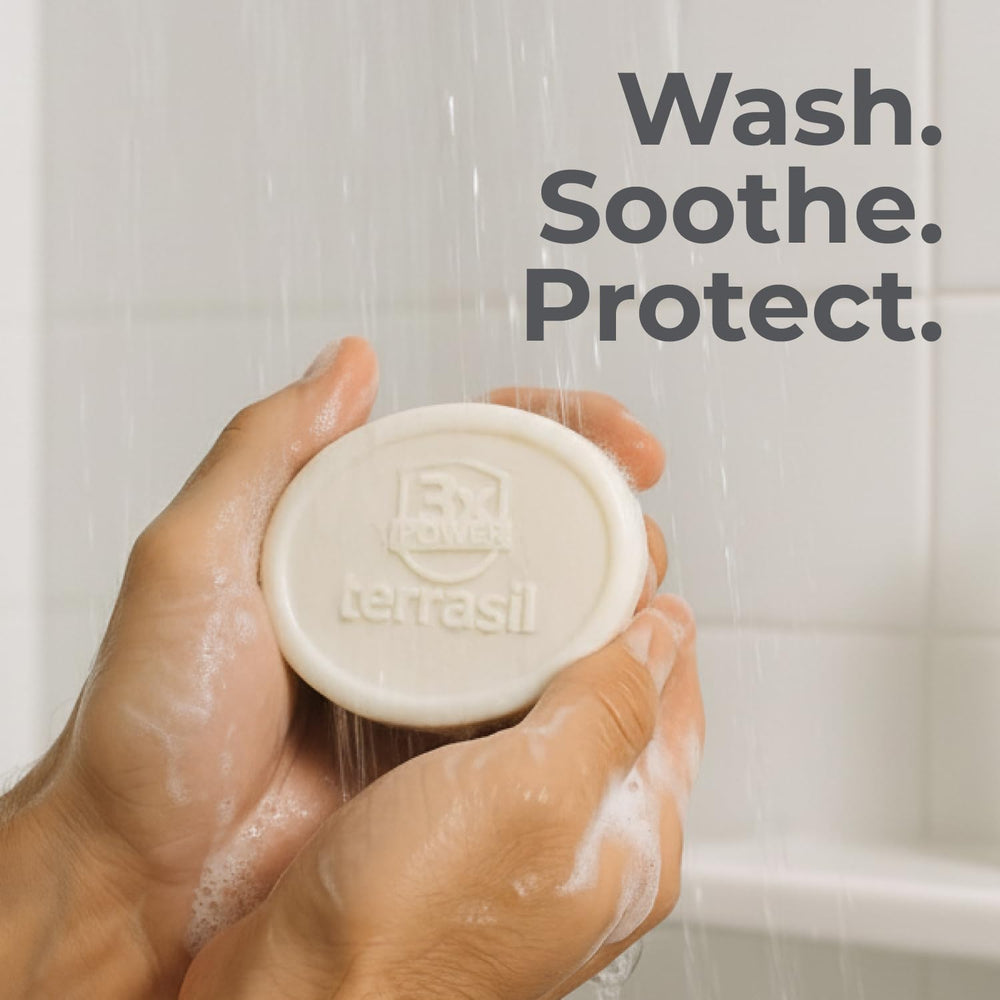 Terrasil Balanitis Soap calendula oil ingredients highlight natural soothing components.