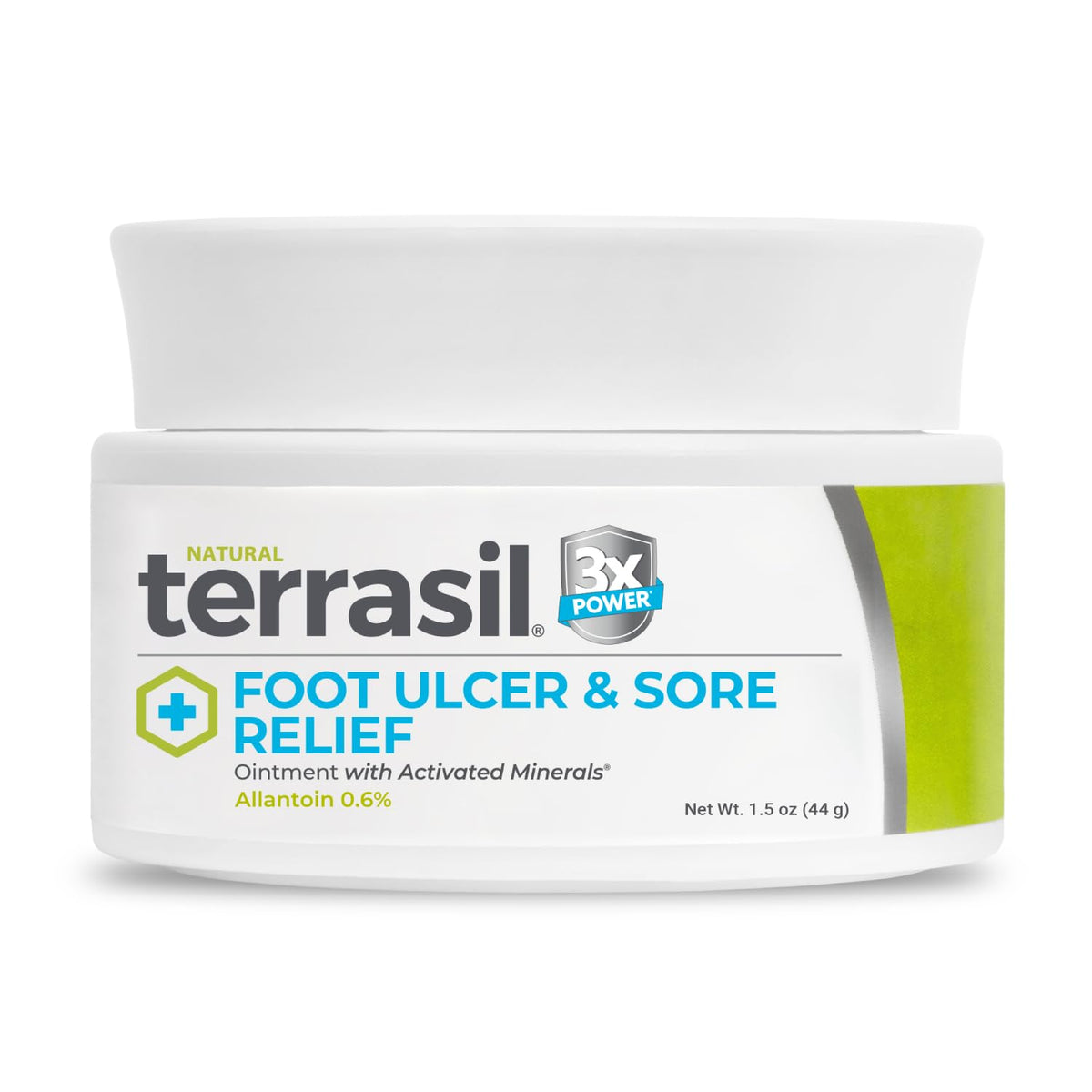 Terrasil Foot Ulcer Cream bottle demonstrates fast soothing relief for irritated skin