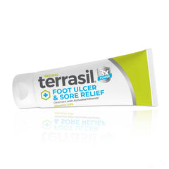 Terrasil Foot Ulcer Cream packaging shows a compact jar for daily use