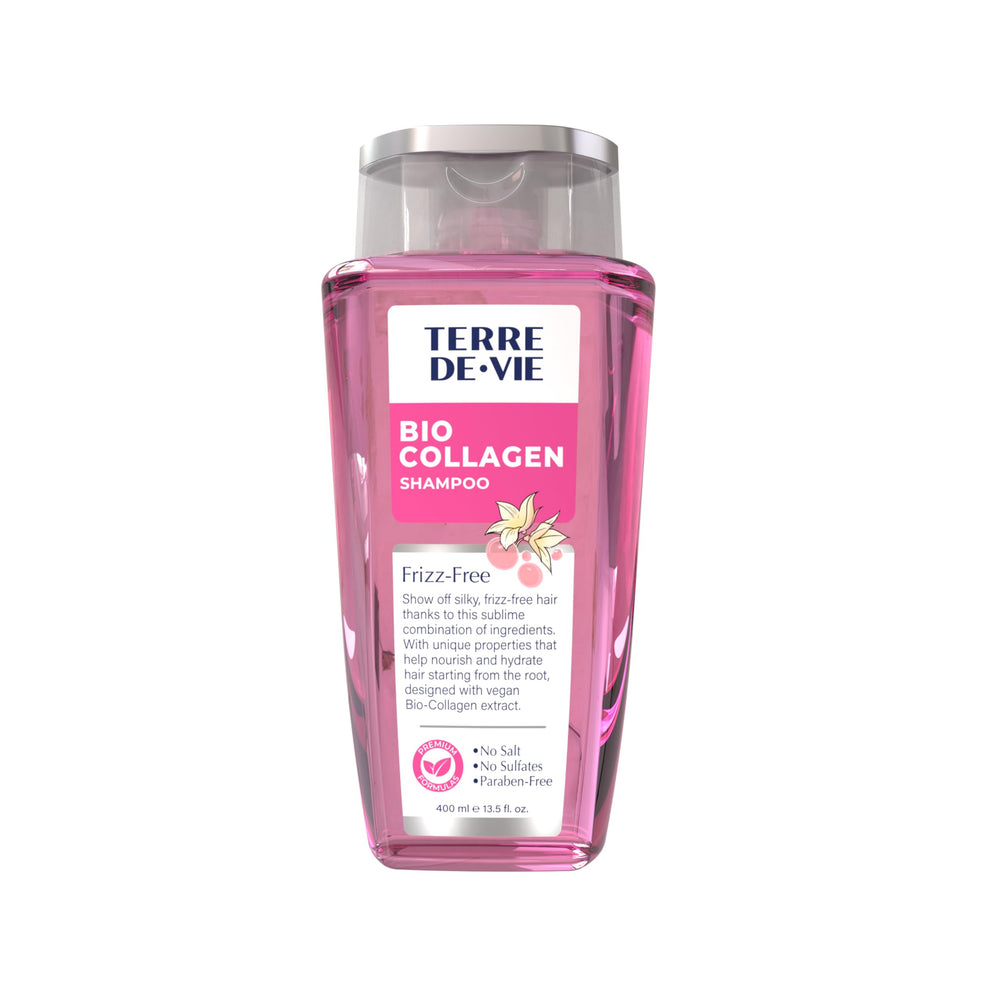 Terre De Vie bio collagen shampoo bottle highlighting plant-based formula for frizz control