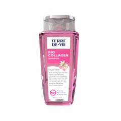 Terre De Vie bio collagen shampoo bottle highlighting plant-based formula for frizz control