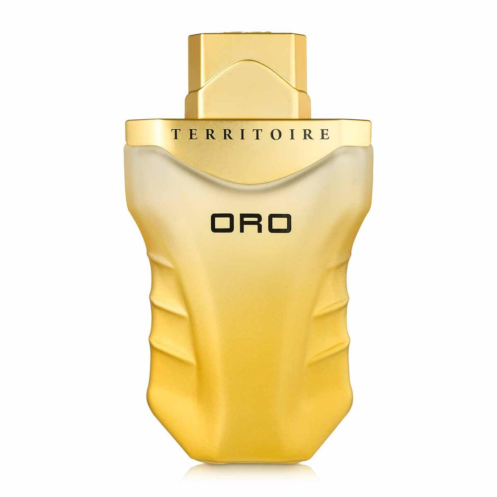 Territoire Pour Homme Oro bottle close-up highlights grapefruit and cardamom opening.