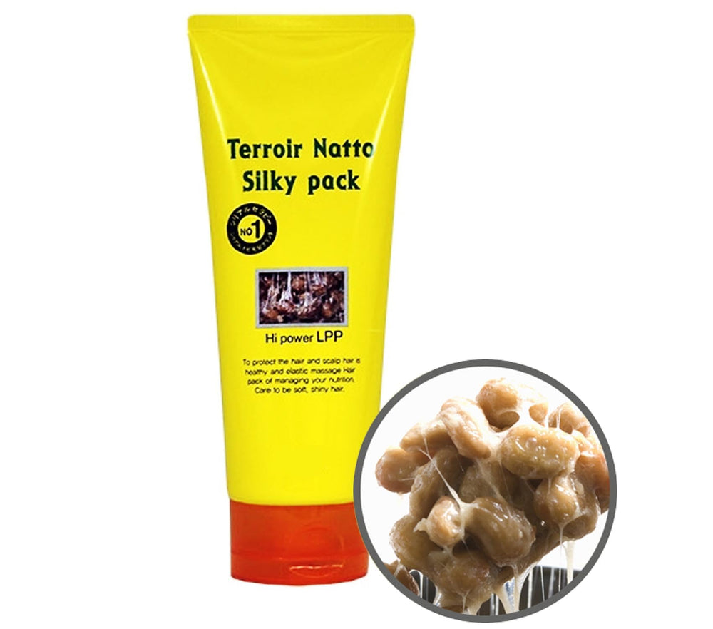 Terroir Natto Silky Hair Pack packaging closeup highlights plant-based formula