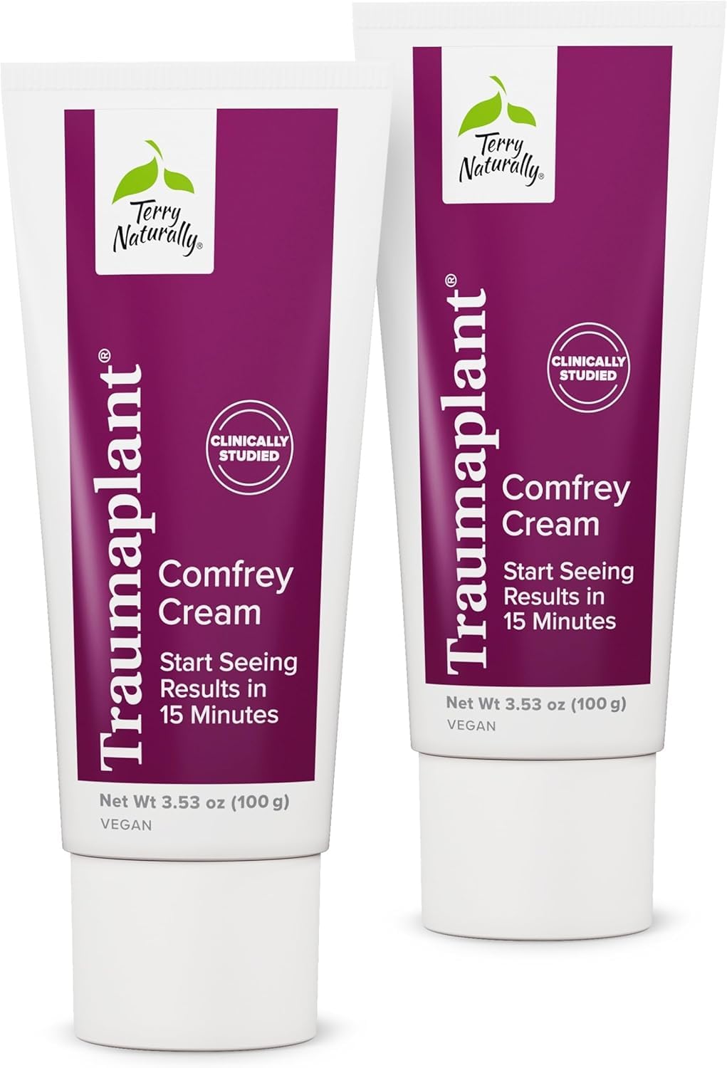 Terry Naturally Traumaplant Comfrey Cream jar close-up shows smooth non-staining formula