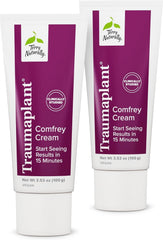 Terry Naturally Traumaplant Comfrey Cream jar close-up shows smooth non-staining formula