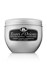 Tesori d'Oriente body cream bottle with white musk nourishes skin deeply.