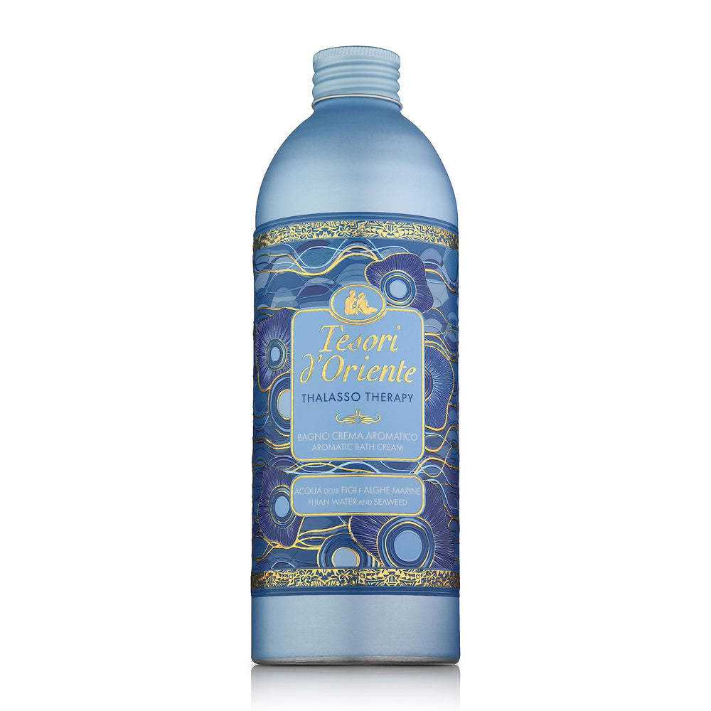 Tesori d'Oriente bubble bath bottle closeup highlights premium packaging for a luxurious soak