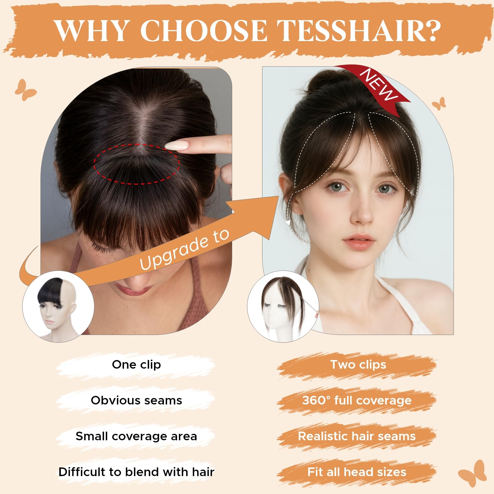 TESSHAIR clip-in bangs demonstrate easy, quick styling for busy days.