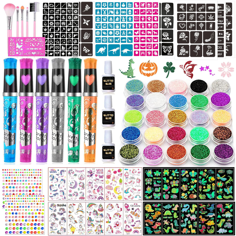 TEUVO glitter tattoo kit with 25 colors for vibrant temporary designs