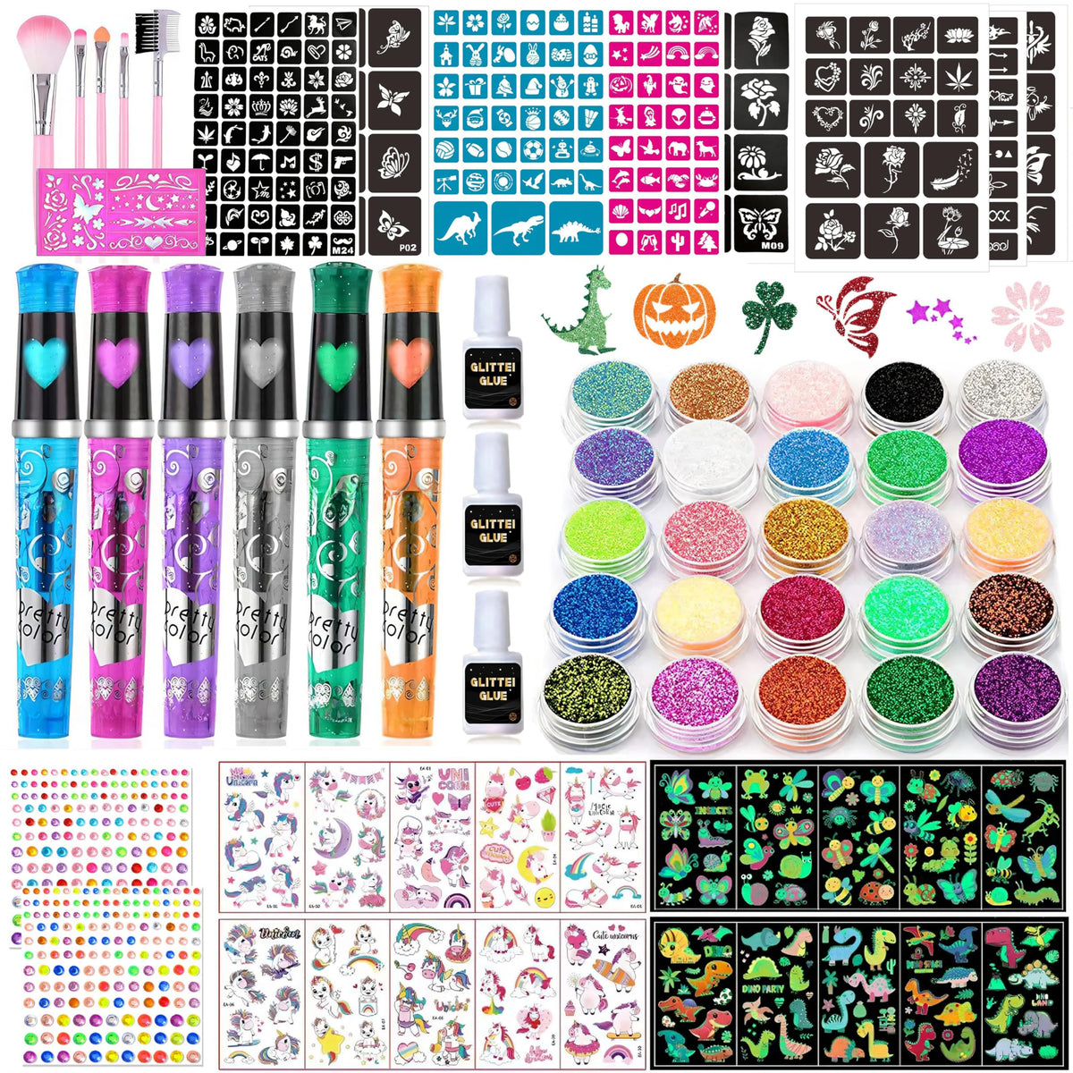 TEUVO glitter tattoo kit with 25 colors for vibrant temporary designs