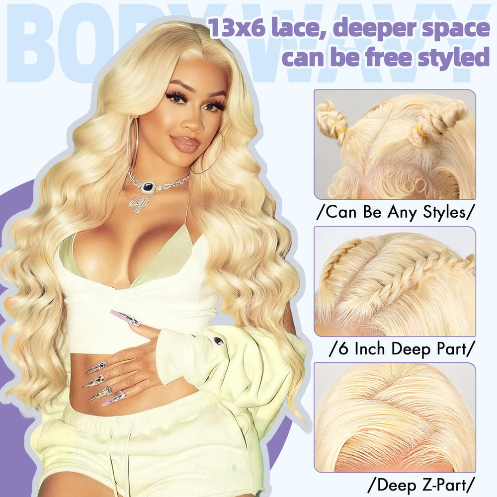 Texiora 613 blonde wig close-up showing pre-bleached knots for seamless scalp blend