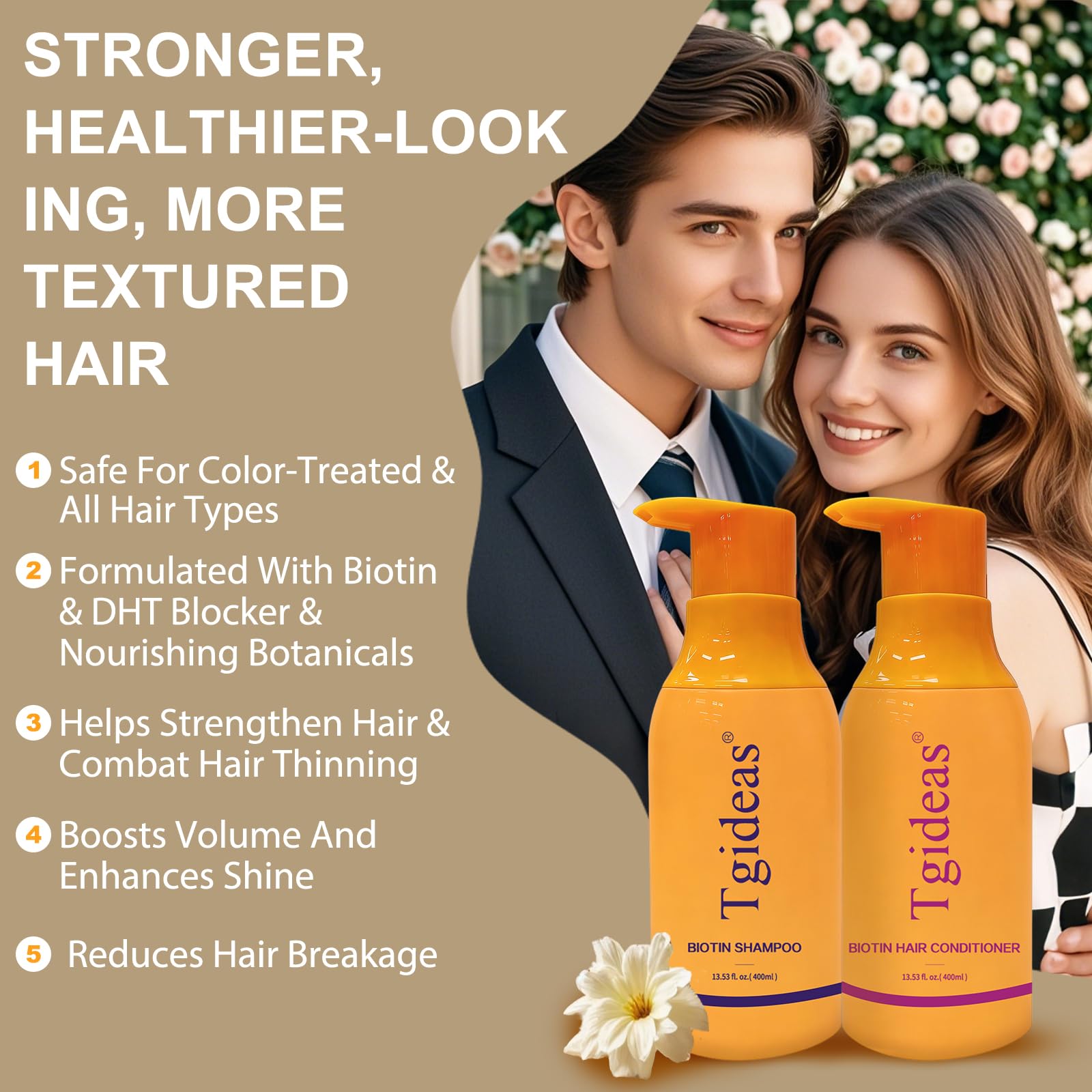 Tgideas Biotin Shampoo ingredients visual featuring pea peptides and argan oil.