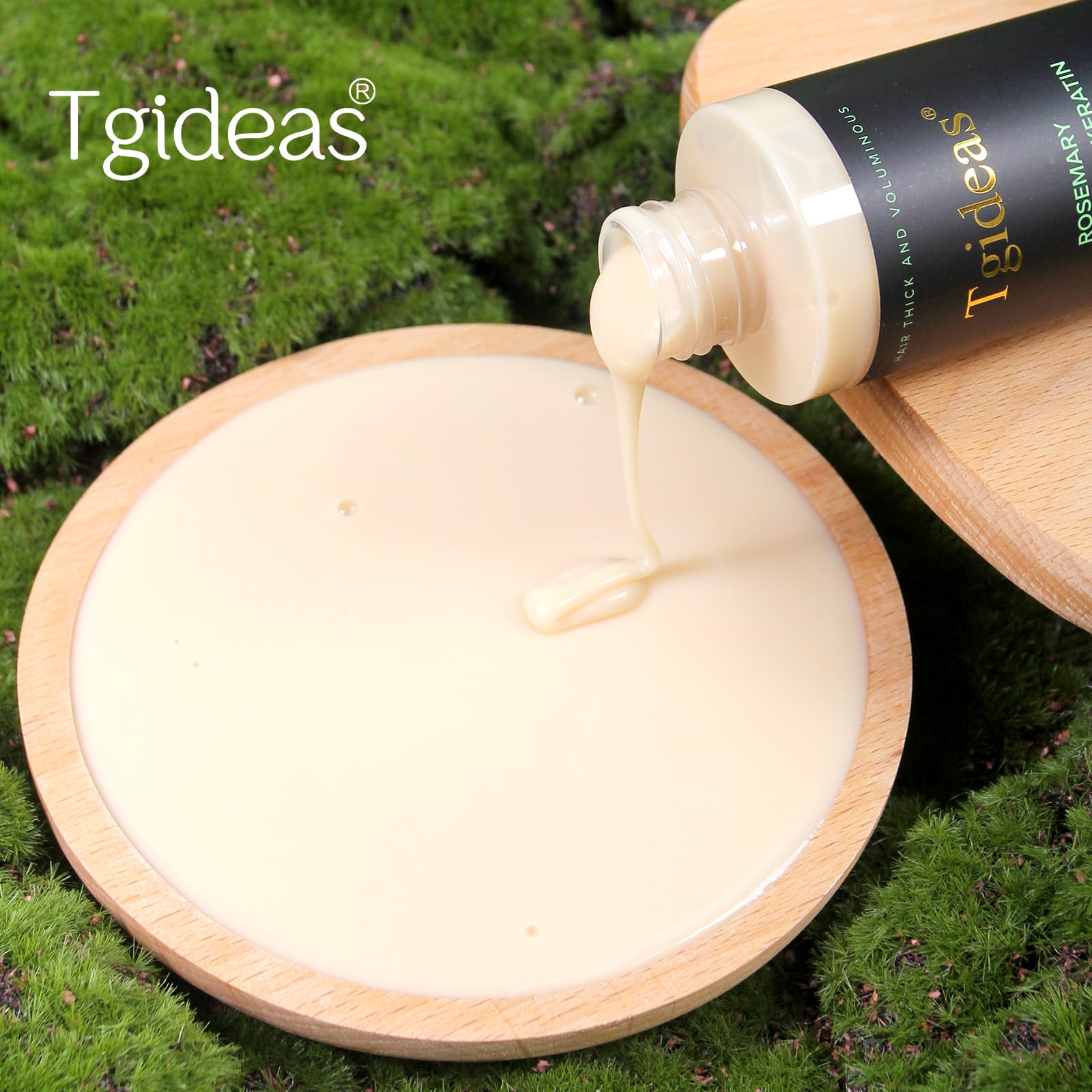 Tgideas brand packaging on display signaling rosemary-based thinning-hair support.