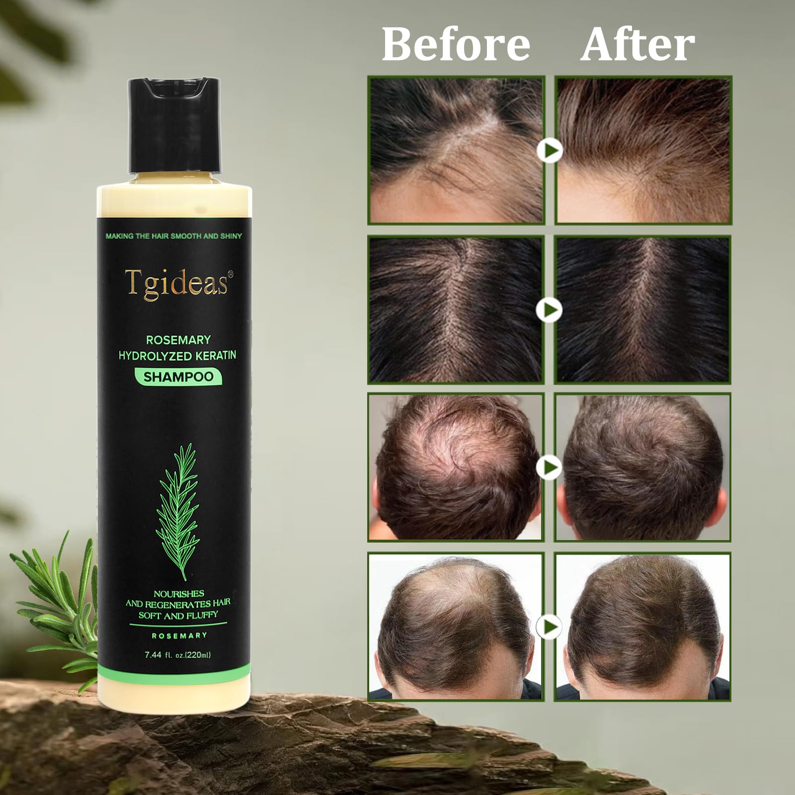 Rosemary Shampoo ingredients visual with nourishing botanicals and keratin