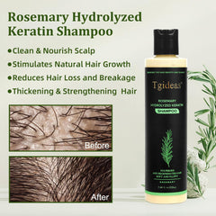 Tgideas rosemary shampoo label close-up showcasing natural ingredients for healthier hair.
