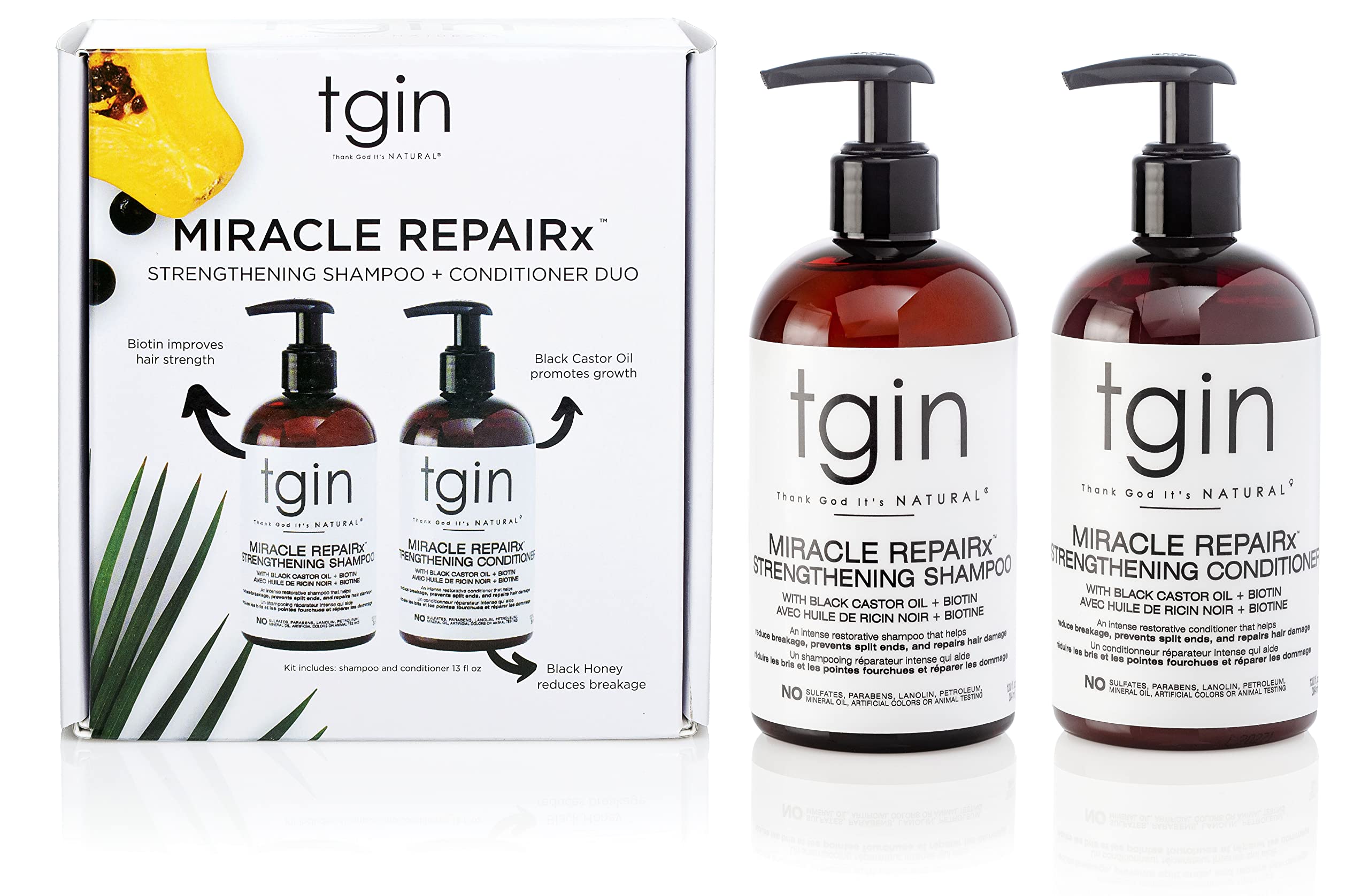 tgin Miracle RepaiRx shampoo label closeup highlighting sulfate-free formula.