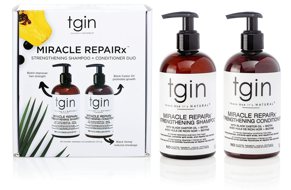tgin Miracle RepaiRx shampoo label closeup highlighting sulfate-free formula.