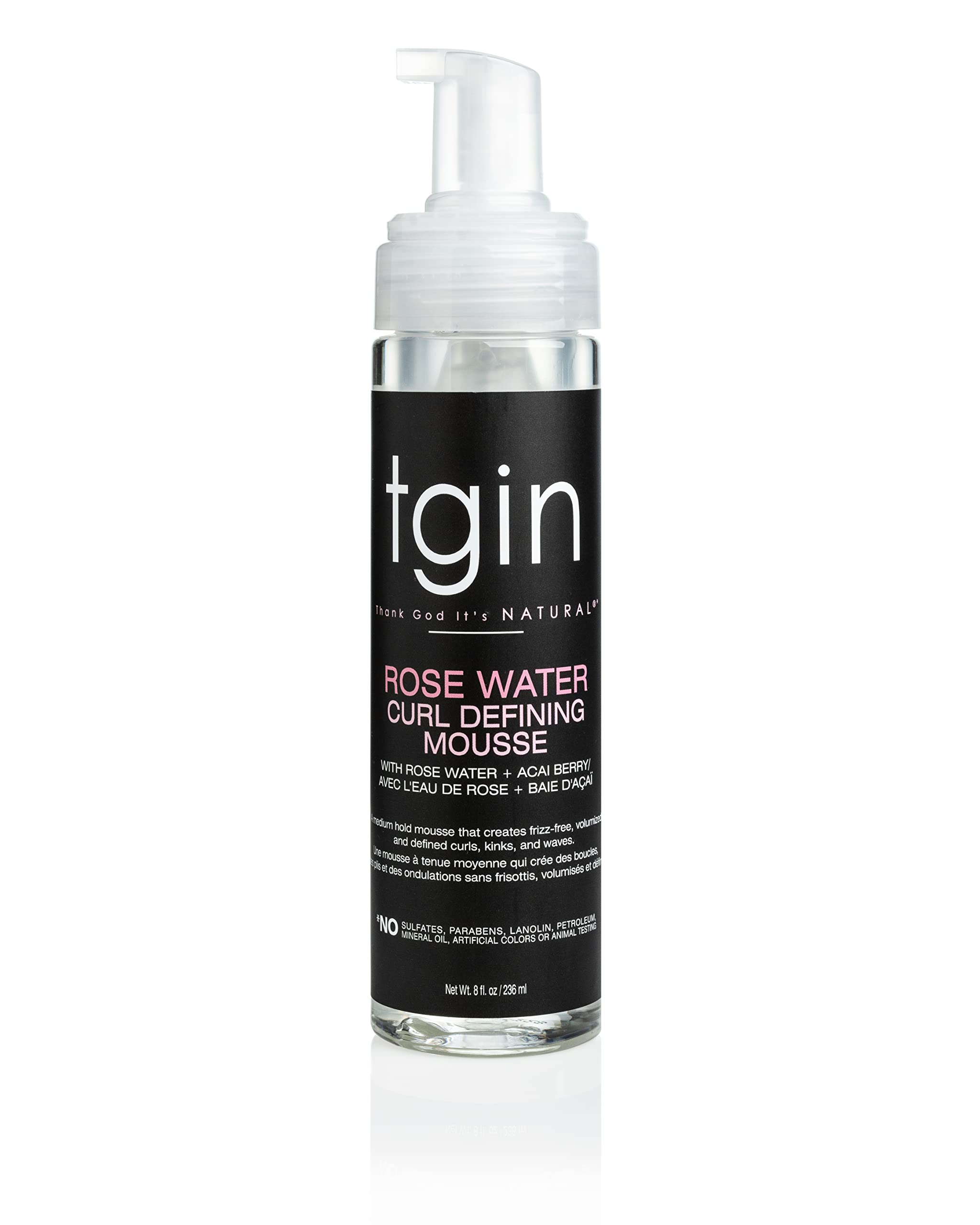 tgin Rose Water Curl Defining Mousse bottle showing lightweight hold for curls